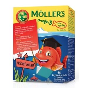 MOLLER´S Omega 3 Želé rybičky žuvacie tablety malinová príchuť 45 ks
